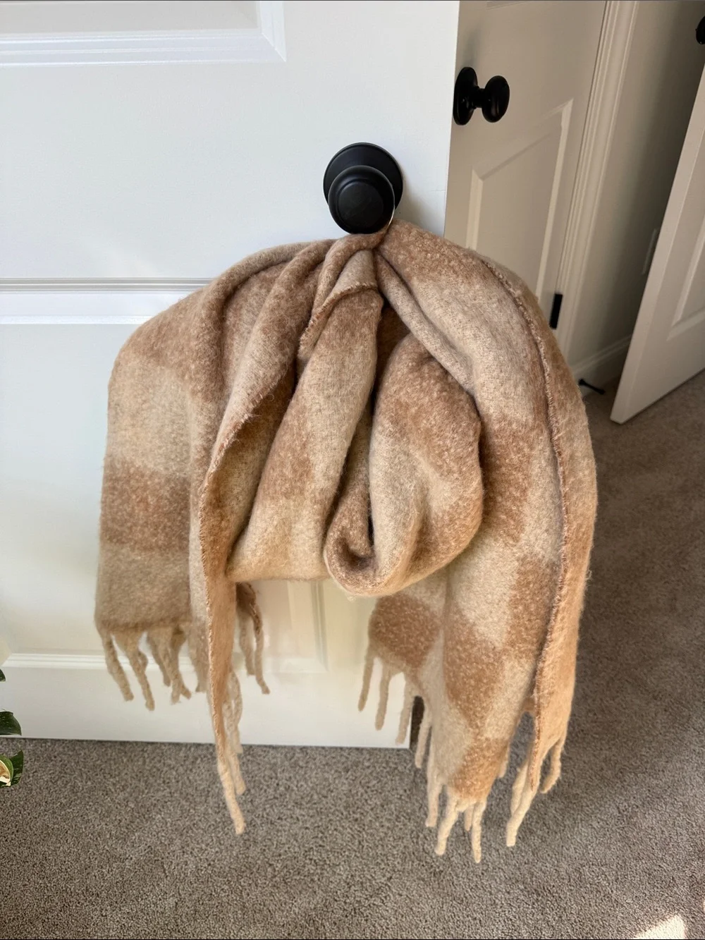 Cozy Beige Plaid XL Scarf - Soft Fringe Accent
